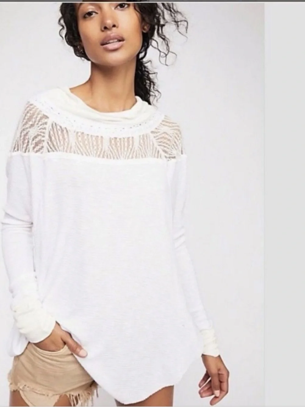 Free People Spring Valley Waffle Knit Lace  Neckline Long Sleeve Top